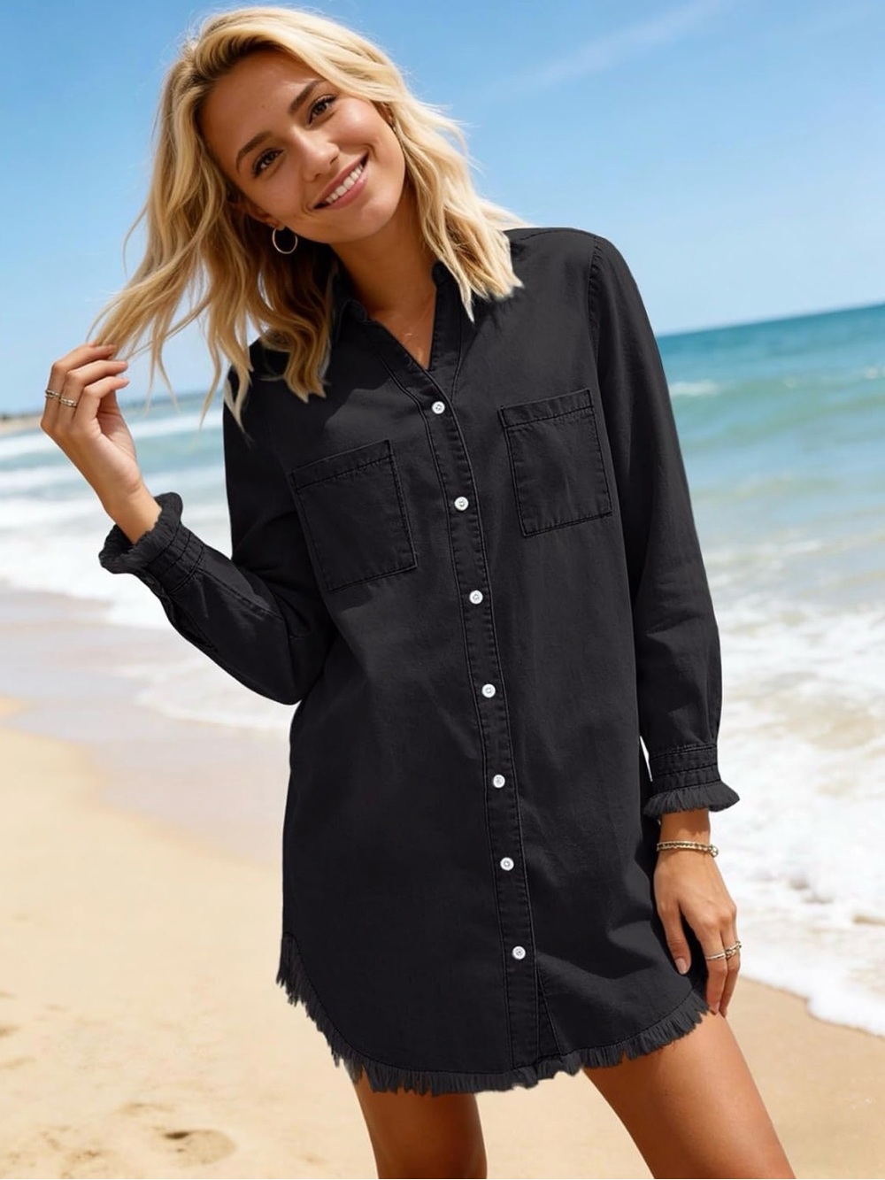 Black Long-Sleeve Shirt Dress with Frayed Hem - Brand: